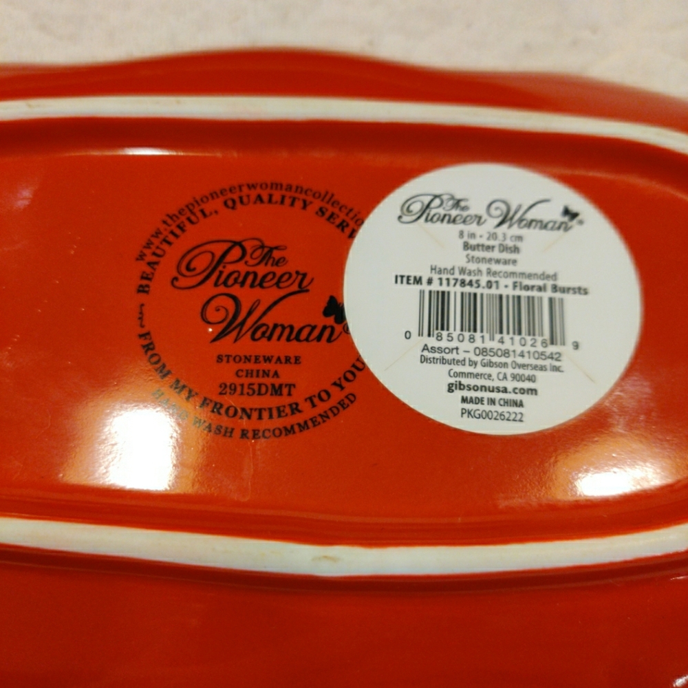 Pioneer Woman Red White Floral Design Covered Butter Dish Clear Glass Knob 8” - Picture 8 of 10